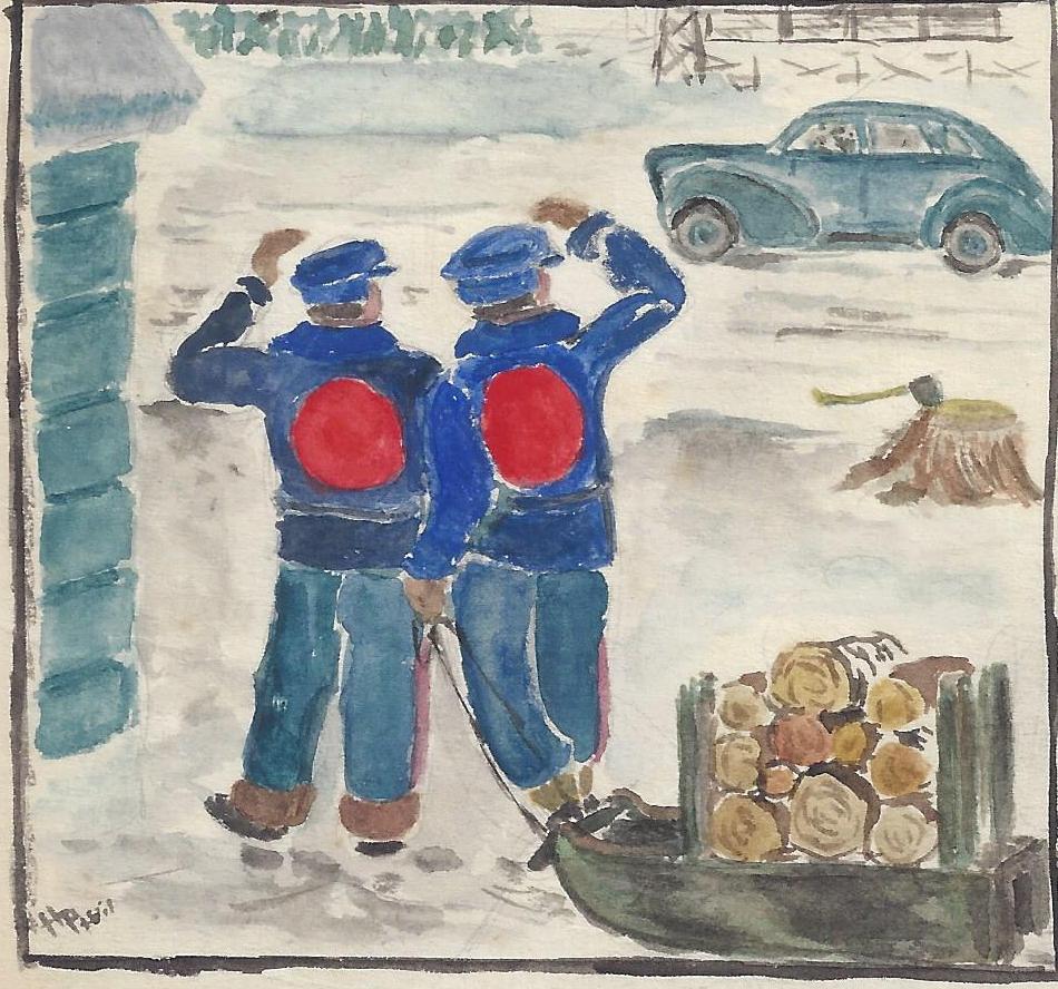 Cartoon of life in Internment Camp B, New Brunswick, Canada, 1940