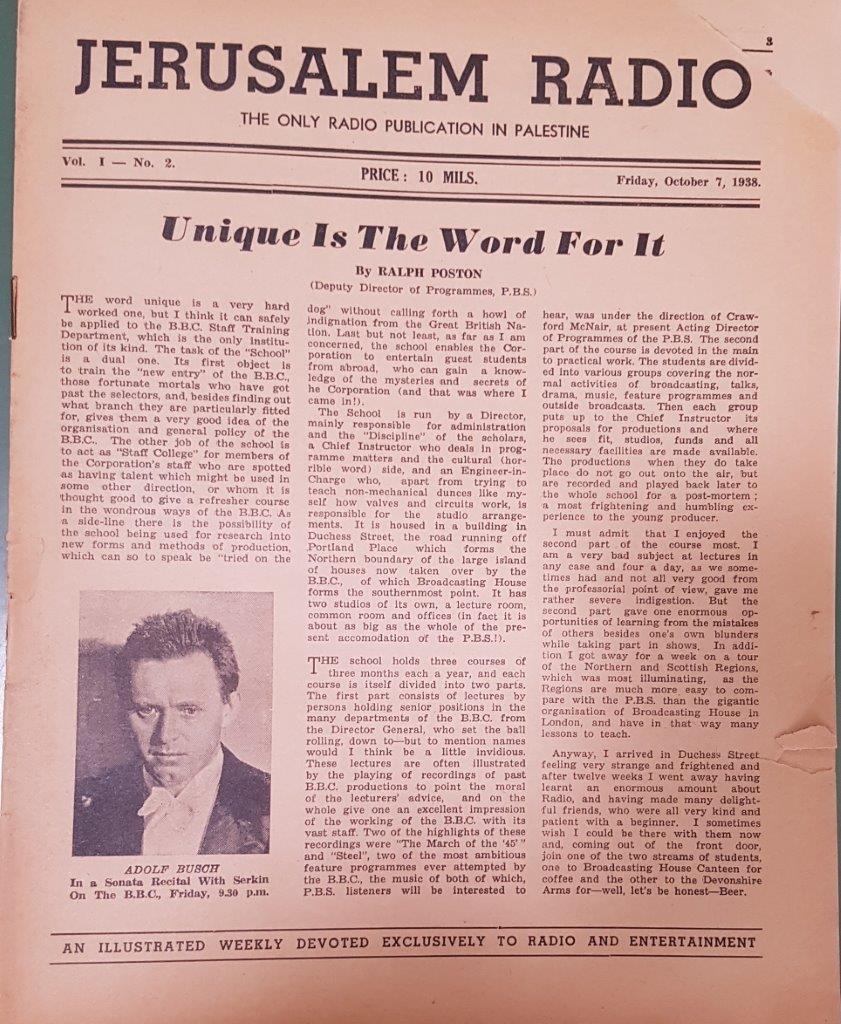 Jerusalem Radio Vol.1 No.2, Friday, October 7, 1938 Coverpage in English