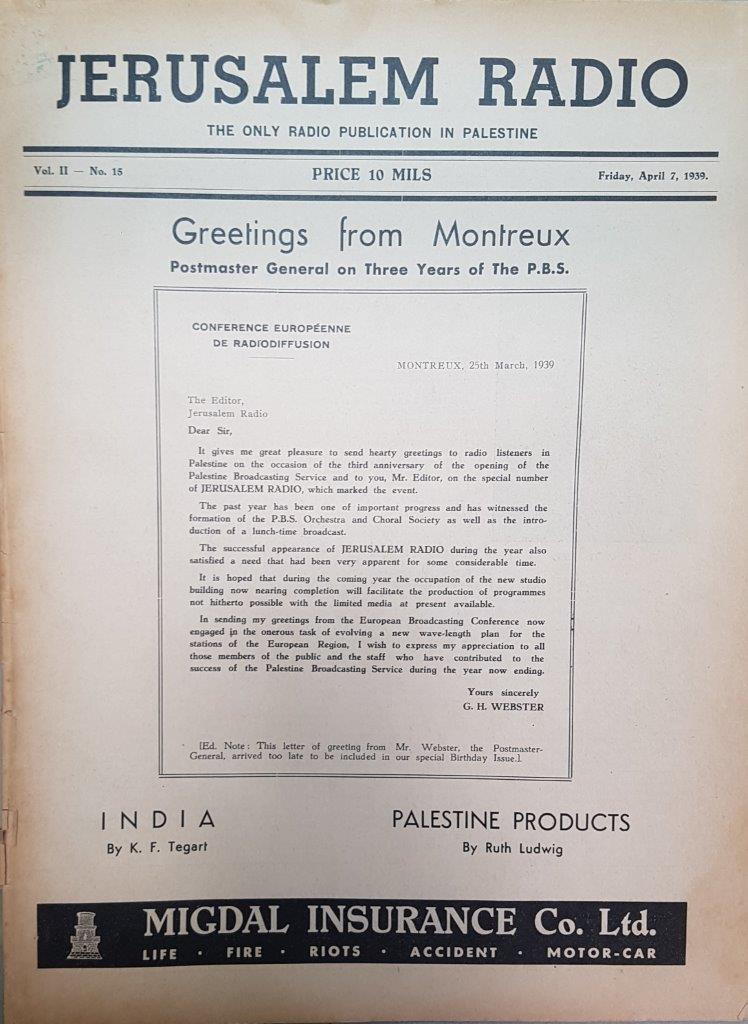 Jerusalem Radio: Vol.2 No.15, Friday, April 7, 1939 Coverpage in English