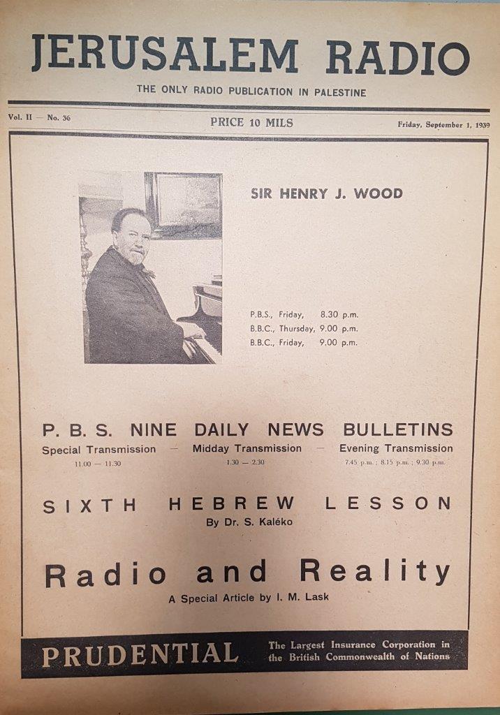 Jerusalem Radio: Vol.2 No.36, Friday, September 1, 1939 Coverpage in English