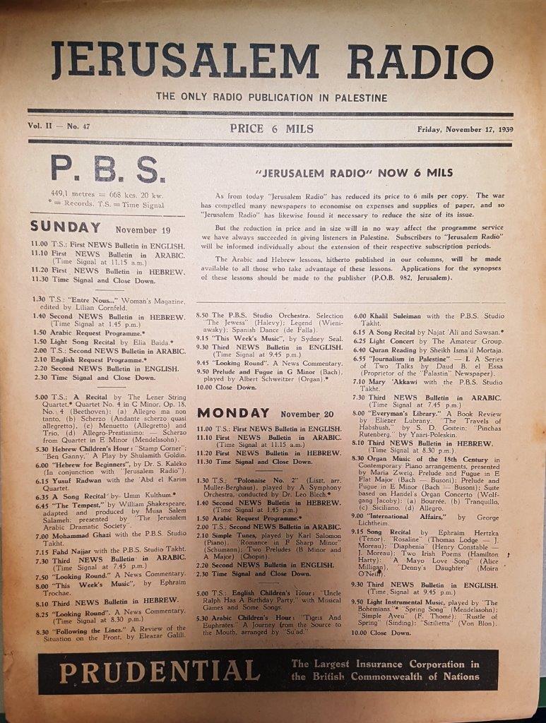 Jerusalem Radio: Vol.2 No.47, Friday, November 17, 1939 Coverpage in English