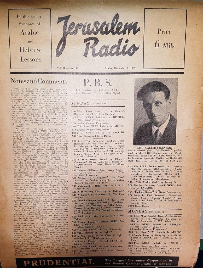 Jerusalem Radio: Vol.2 No.50, Friday, December 8, 1939 Coverpage in English