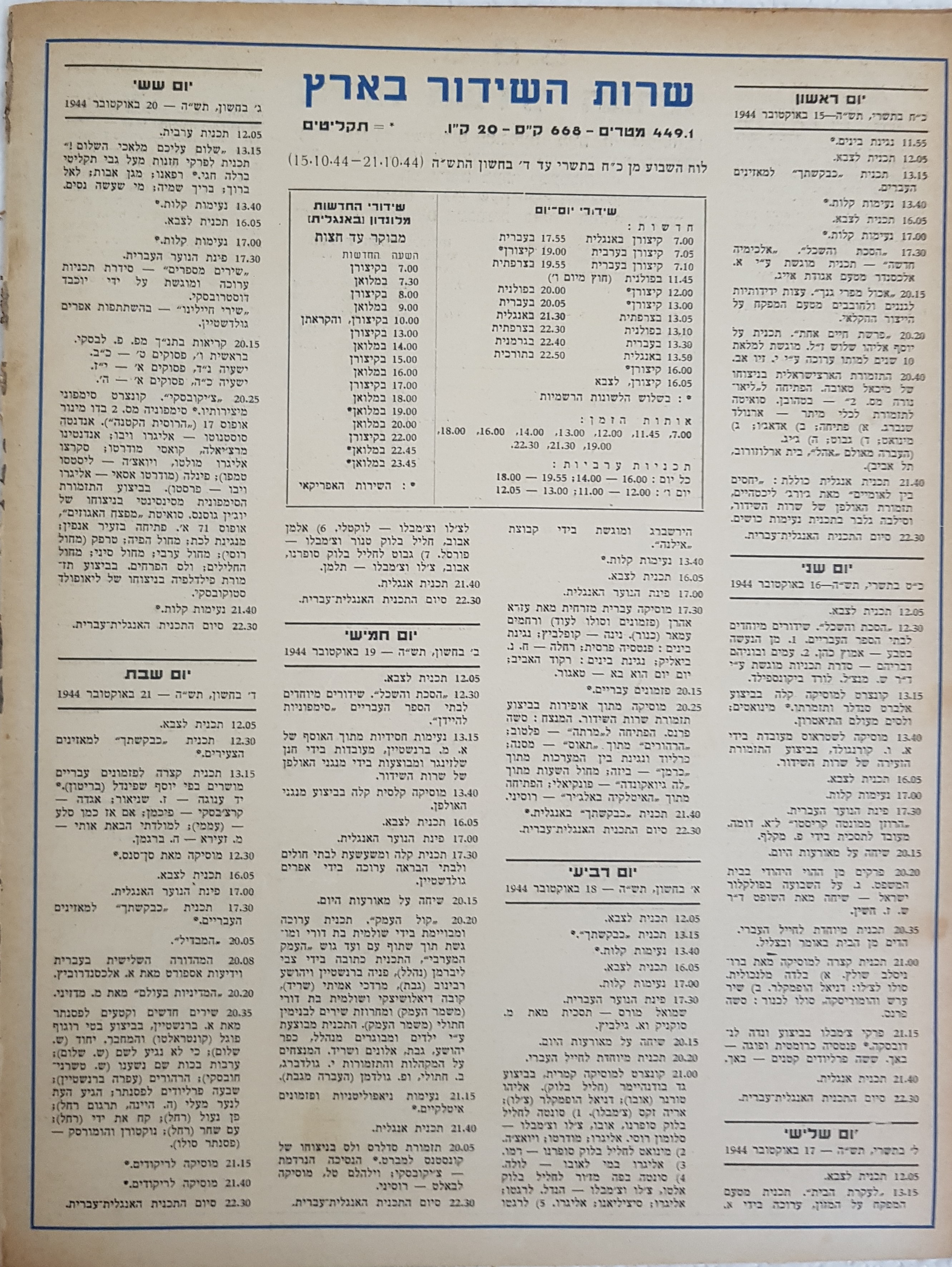 Radio Schedule: October 15 - October 21, 1944