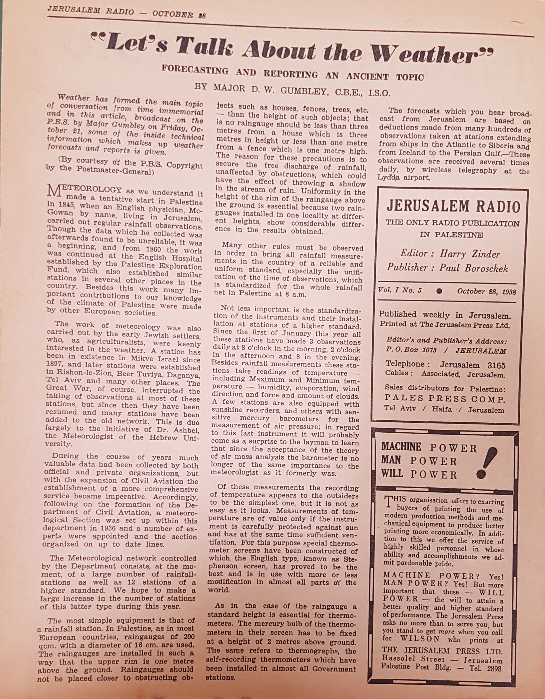 Jerusalem Radio, Volume 1, No. 5, October 28, 1938, page 2