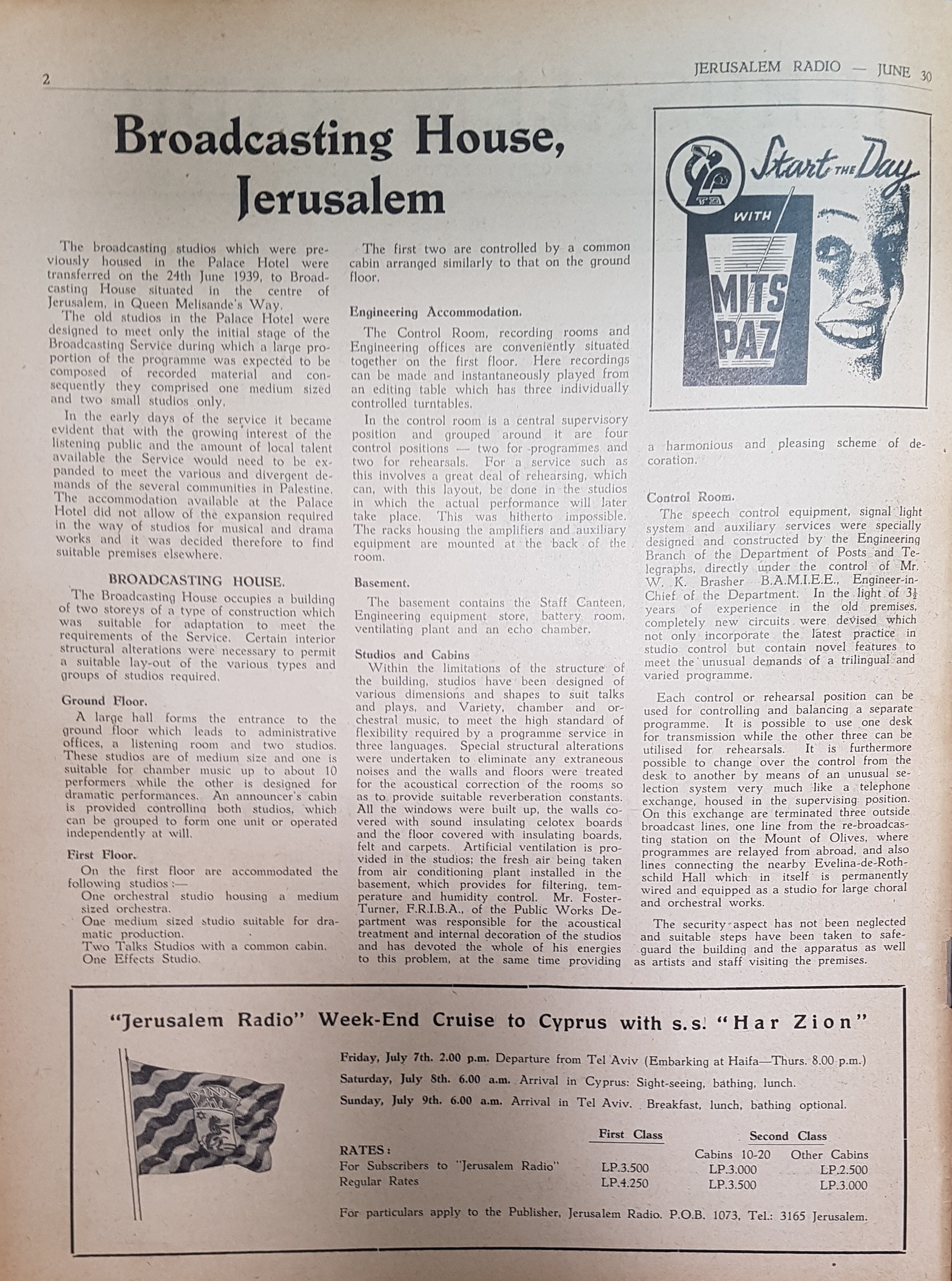 Jerusalem Radio:  Volume 2 No. 27 Friday, June  30, 1939 page 2:Broadcasting House, Jerusalem