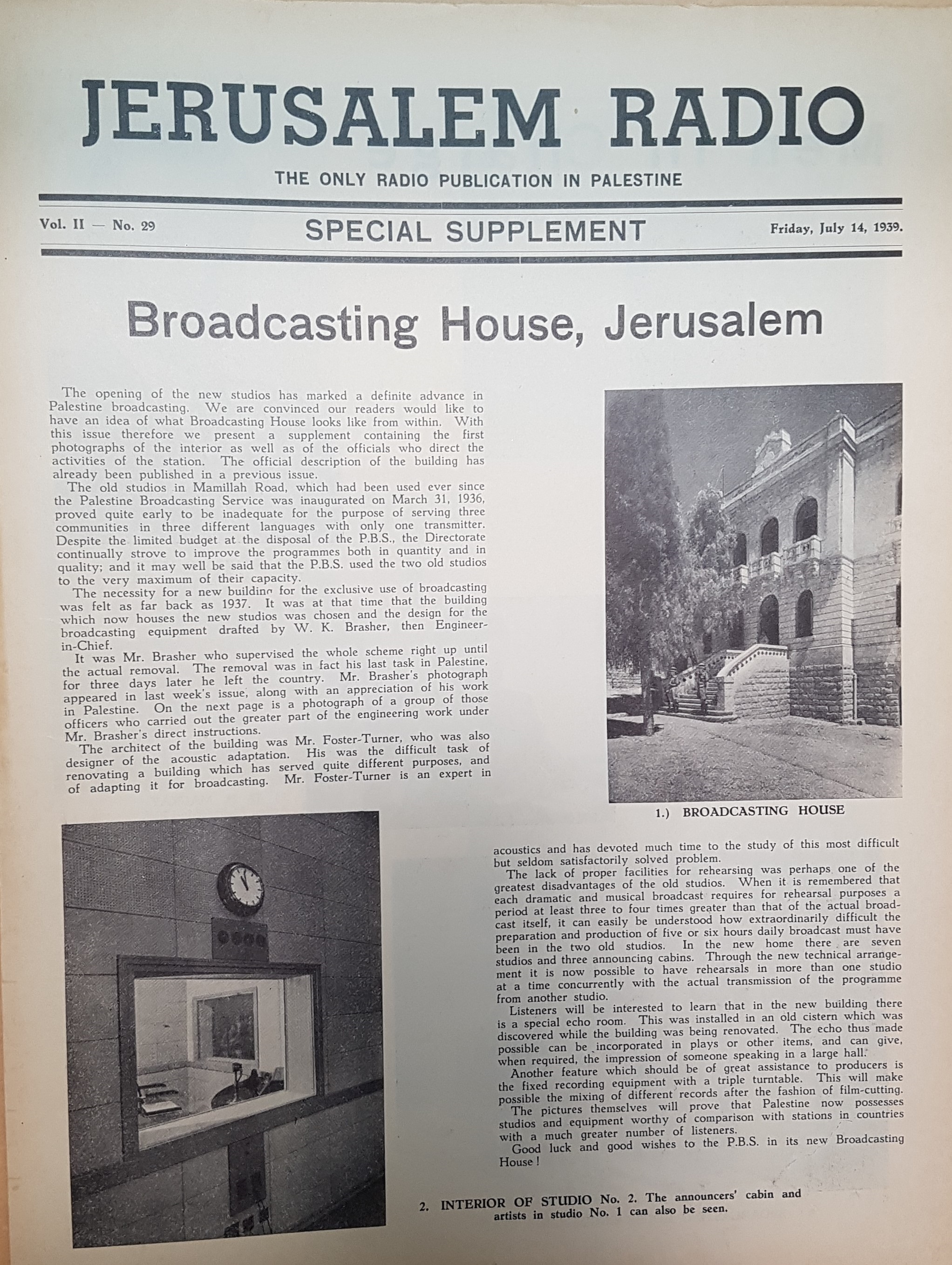 Jerusalem Radio Special Supplement:  Volume 2 No. 29,  Friday, July  14, 1939 page 1 : Broadcasting House, Jerusalem