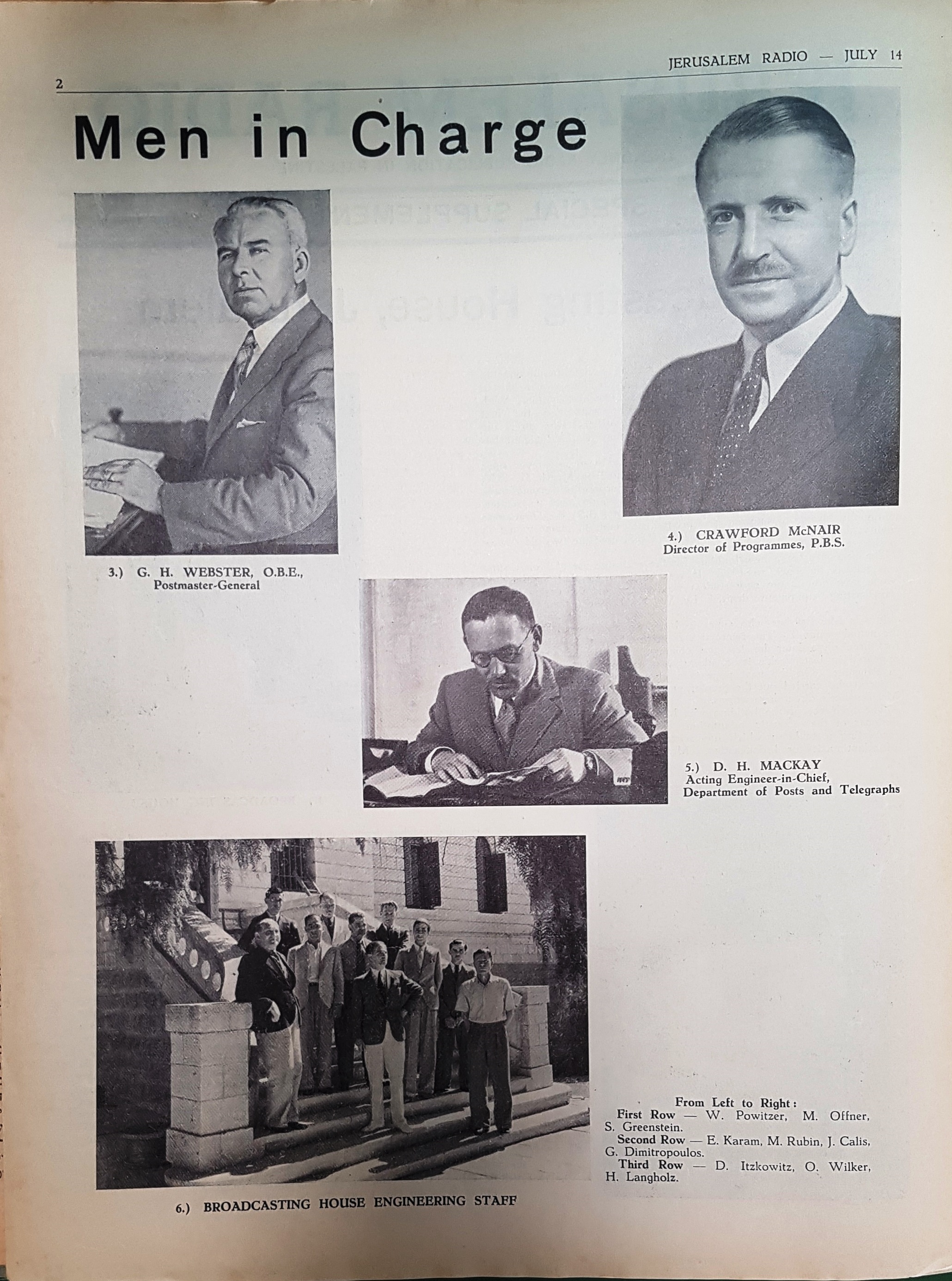 Jerusalem Radio:  Volume 2 No. 29,  Friday, July  14, 1939 page 2 : Persons in Charge